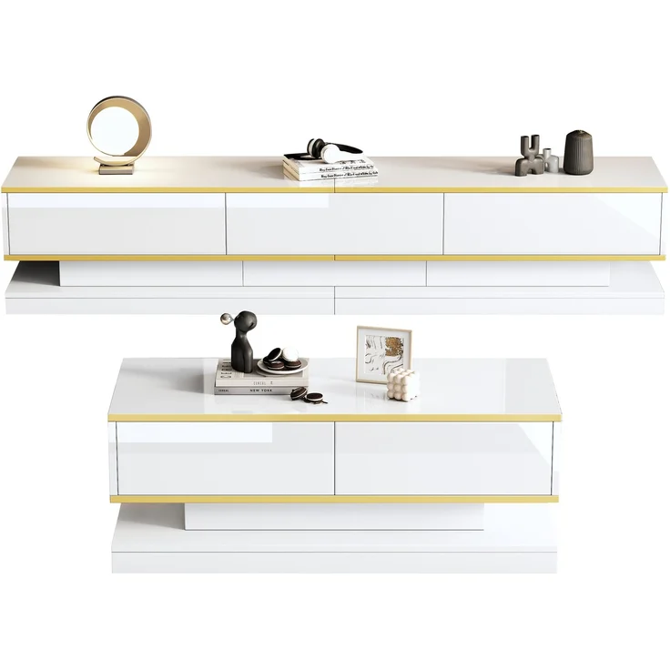 Modernes weißes Hochglanz-TV-Ständer- und Couchtisch-Set, TV-Konsole mit 3 Schubladen, Couchtisch mit 2 Schubladen, Goldbesatz, für das Wohnzimmer, Fernsehtis und kaffetisch--Weiß--112.5x59.18x14.2cm--YOUDENOVA – Bild 3