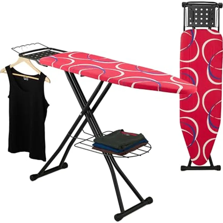 Relaxdays Bügelbrett für Dampfbügeleisen, höhenverstellbar, klappbar, 110 x 33 cm, rot mit Kleiderablagen