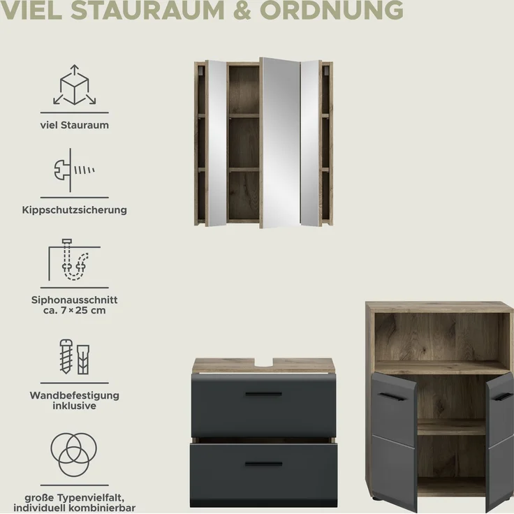 Badkombination (B/H/T: 135x185x30 cm) in schwarz matt und Nox Oak Nachbildung – Bild 9