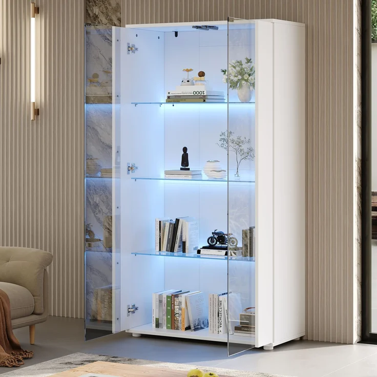 Merax Vitrinenschrank mit 2 Glastüren, 4 Ablageflächen und verstellbarer LED-Beleuchtung – modernes Design für Wohnzimmer, Weiß, 80×36×150.5cm – Bild 3