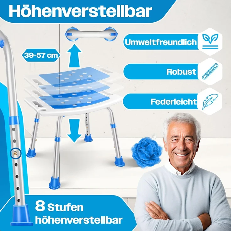 KESSER® Duschhocker höhenverstellbar | Leichter Badhocker rutschfeste Gummifüße Duschstuhl 136KG belastbar | Duschhilfe Senioren | Saugnapf Haltegriff Badewannengriff | Duschsitz mit Brausehalterung Weiß / Blau – Bild 3