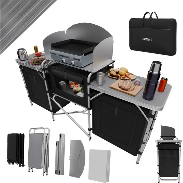 24Move Campingschrank Campingküche CAMPO Alu Outdoorküche (faltbar, inkl. Windschutz und Tragetasche) mit Arbeitsplatte und Staufächern