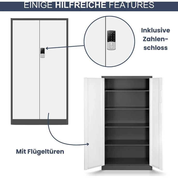 Metallschrank abschließbar ODIS - Zahlenschloss, 5 Ebenen | Aktenschrank Büroschrank Stahl Mehrzweckschrank Werkstatt Werkzeugschrank, 185x90x40cm Anthrazit-Weiß – Bild 5