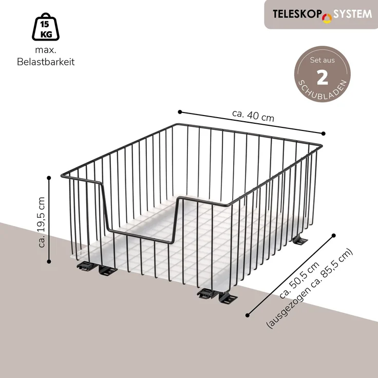 bremermann Schrank-Korbauszug 2er 40 cm mit Einlegeboden, aus Metall, in Schwarz – Bild 7