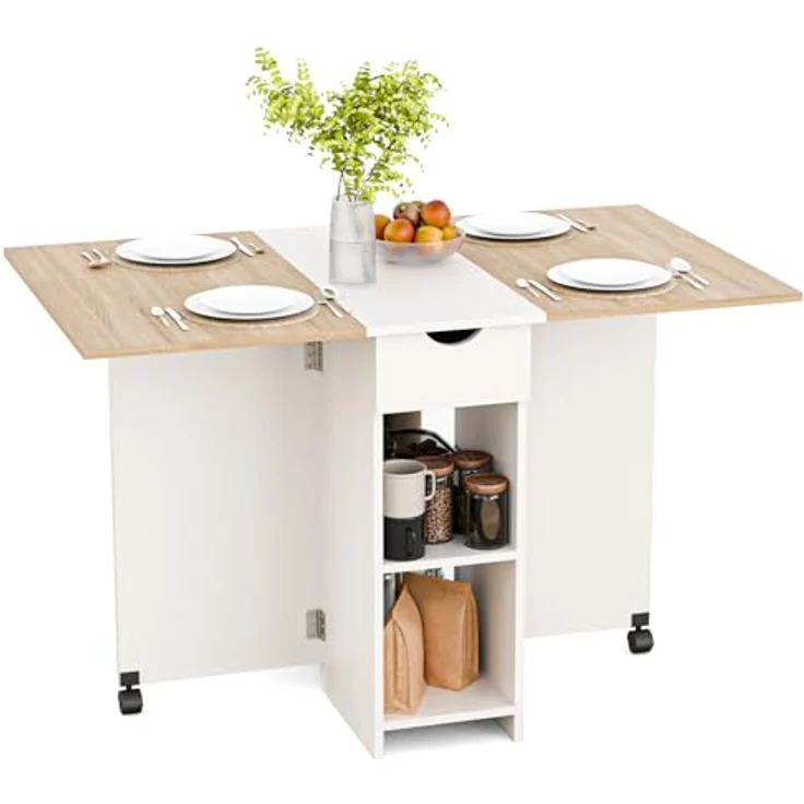 Mondeer Esstisch Klappbar, Küchentisch mit 1 Schublade und 2 Ablagen für 2-4 Personen, Klapptisch Esszimmertisch mit Rollen für Kleine Räume, Esszimmer, Küche, 72 x 120 x 75 cm, Eiche und Weiß – Bild 2