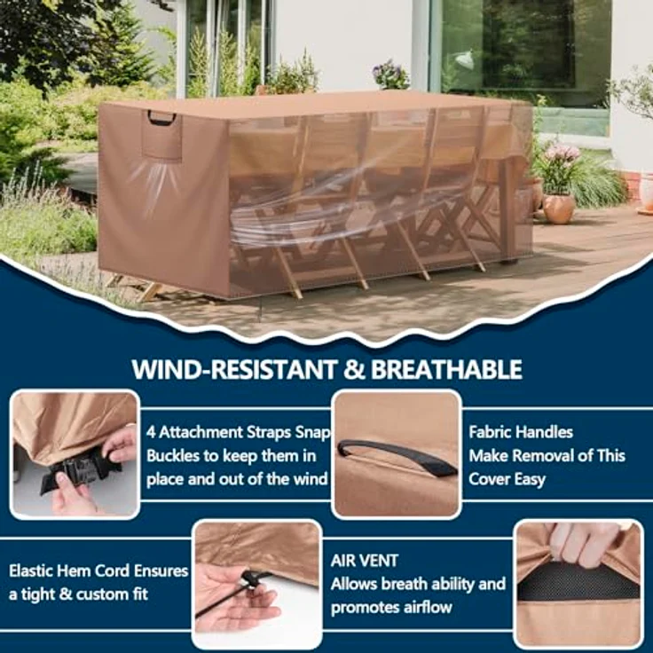 Aujink Abdeckung Gartenmöbel Winterfest, Wasserdichte Schutzhülle Gartenmöbel 420D Oxford Anti-UV Abdeckplane für Gartentische Terrassenmöbel Regenschutz und Staubfest Abdeckhaube Khaki 150 x 90 x 75 cm – Bild 4