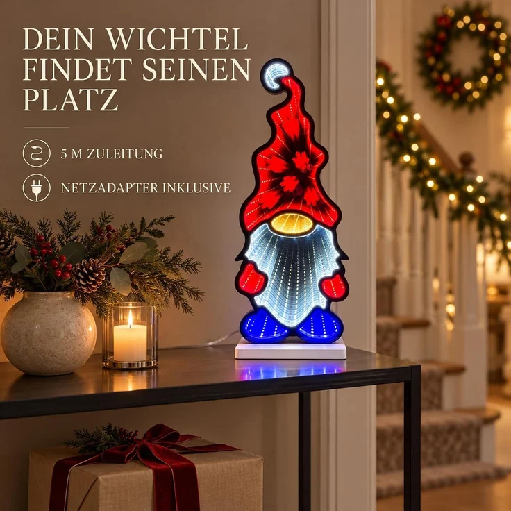 LED Infinity Spiegel Wichtel 45 cm mit Timer, Weihnachtsdeko für drinnen – Bild 9