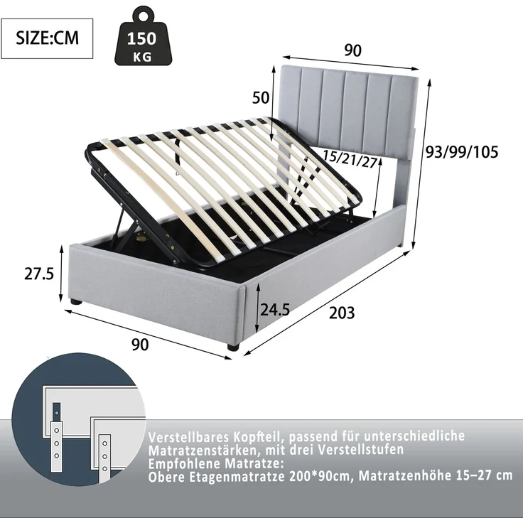 Polsterbett 90x200 cm mit hydraulischem Stauraum und verstellbarem Kopfteil – Leinen, Grau – Bild 4