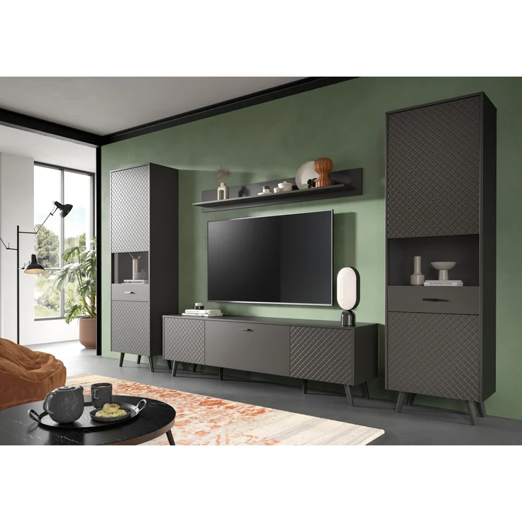 Wohnwand >Linea< (4-teilig) 2 Vitrinen, Lowboard, Wandboard, grau - 331x195x40cm BxHxT – Bild 2