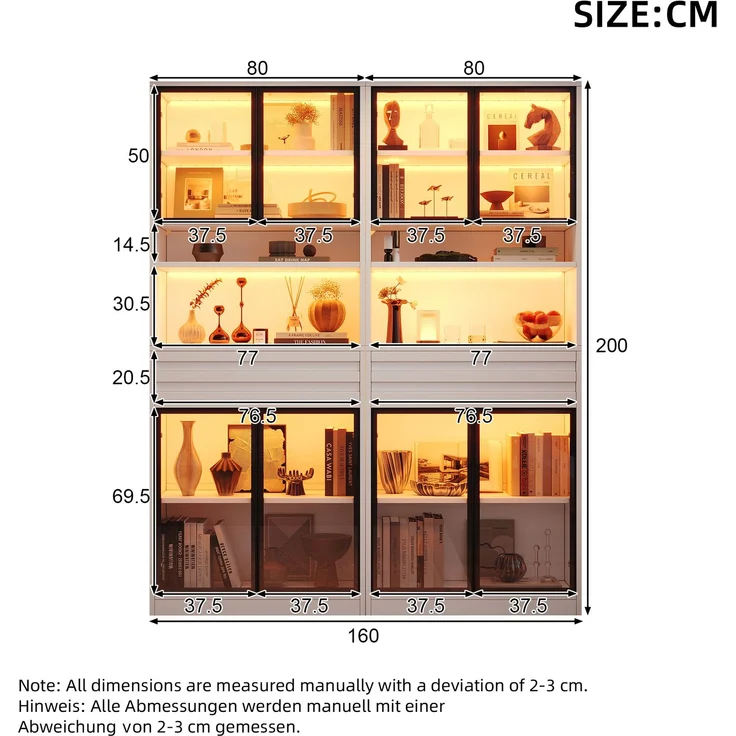 Zweierpackungen Vitrine Display Schrank 80 x 35 x 200 cm aus MDF, Bücherschrank mit 8 Glastüren, 2 Schublade, LED‑Beleuchtung,hohe Schränke, Weinschränke, vitrinen schrank für Wohnzimmer,Weiß--Weiß--160x35x200cm--YOUDENOVA – Bild 3