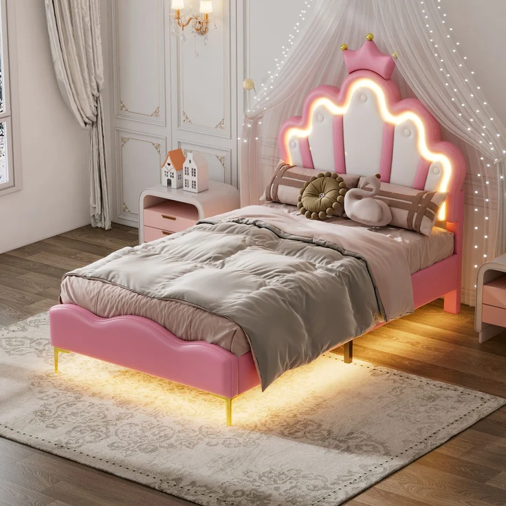 U-life Prinzessinnenbett 90x200 cm Einzelbett Kinderbett Jugendbett mit Kronen-Kopfteil, LED-Lichtleiste und PU-Bezug, Rosa – Bild 1