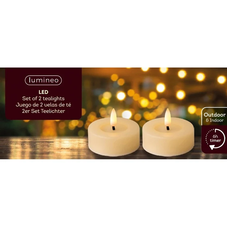 Lumineo LED-Teelichter, Timer, warmweiß, LED Teelichter 6,5x5cm mit Timer Outdoor 2 Stück Creme / Warmweiß – Bild 3