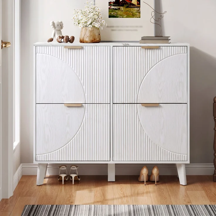 ZUBALIYA Schuhschrank (105 x 24 x 95,5 cm), 4 Klappfächer, Strukturierte Fronten, Stauraum für Flur und Eingangsbereich, Weiß – Bild 2