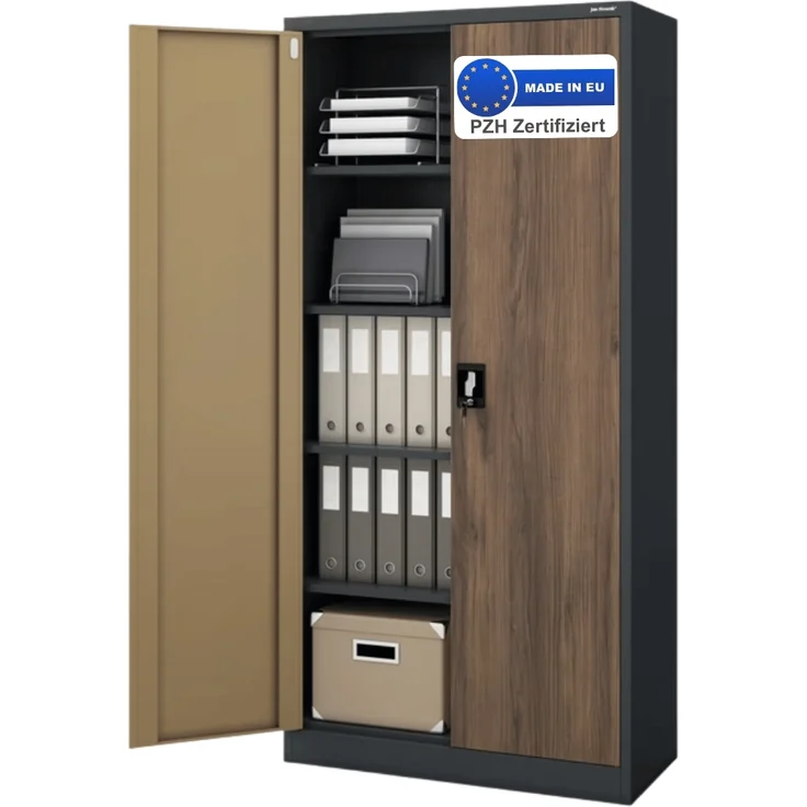 Aktenschrank abschließbar KADO - 5 Ebenen verstellbar, Flügeltüren | Metallschrank Werkstatt Mehrzweckschrank Büroschrank aus Stahl Werkzeugschrank, 195x90x40cm Anthrazit-Nussbaum – Bild 1
