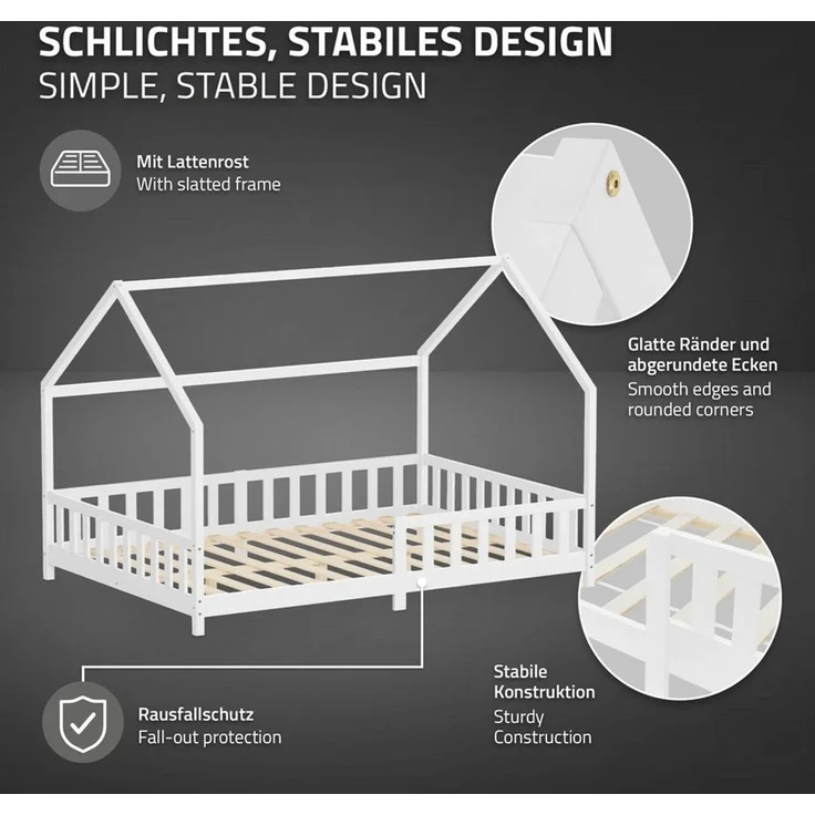 ML-DESIGN Spielbett Hausbett Kinderbett inkl. Lattenrost kreativ Bodenbett für Kinder, Abenteuerbett zum Spielen mit Rausfallschutz Kiefer Weiß Himmelbett – Bild 3