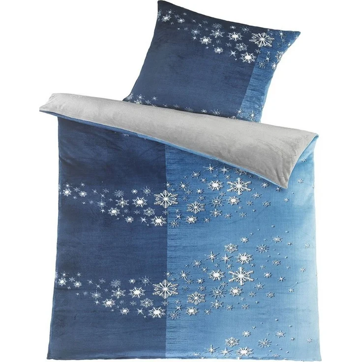 KH-Haushaltshandel Bettwäsche Winter Wende Bettwäsche Cashmere Touch Fleece, 135x200+80x80cm, Fleece, 2 teilig, blau Sterne + uni grau, Plüsch Nicky, Teddy, weich, warm, fluffig