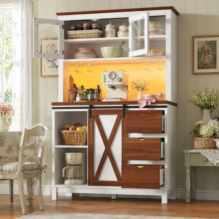 Hochschrank 104x40x180 cm mit LED-Lichtleiste, Schiebetür und verstellbaren Einlegeböden in Weiß – Bild 2
