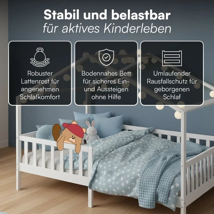 Bellabino 'Bia' Hausbett 140x200 cm, weiß, Kiefer Massivholz, Montessori Kinderbett mit Rausfallschutz und Lattenrost – Bild 3