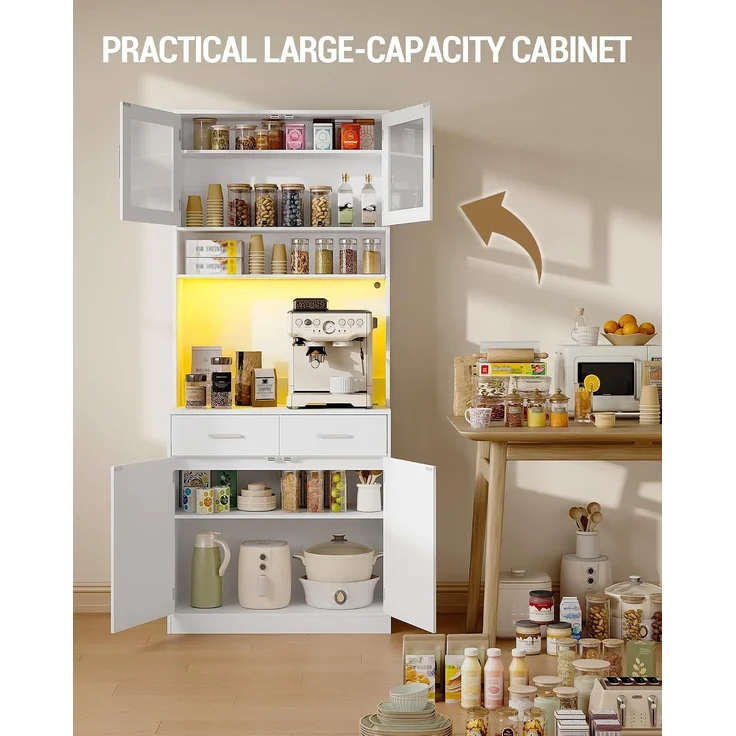 Buffetschrank, Küchenschrank mit 2 Schubladen, Hochschrank mit Steckdosenleiste und LED-Beleuchtung, 2 Schranktüren mit Glasfront, Küche, Wohnzimmer, 40 x 80 x 190 cm, Weiß – Bild 6