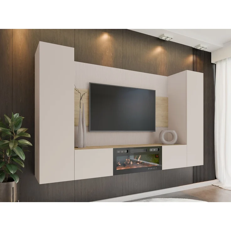 Wohnwand Deromi V mit Kamin (Farbe: Sandbeige + Nuss Cremona) – Bild 1