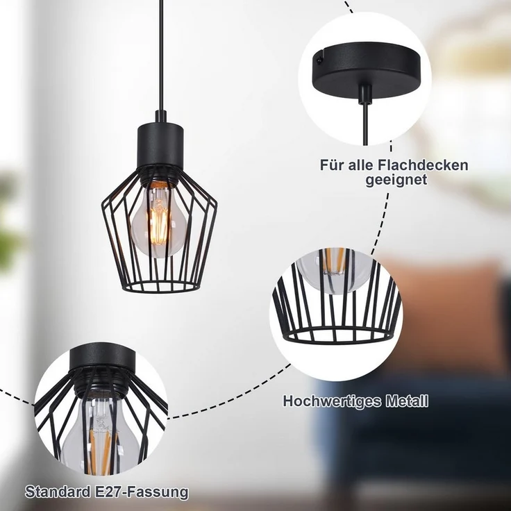 Nettlife Pendelleuchte Retro Schwarz E27 Metallschirm Industrie Stil Hängelampe, ohne Leuchtmittel, Wohnzimmer Küche Schlafzimmer Cafe – Bild 2