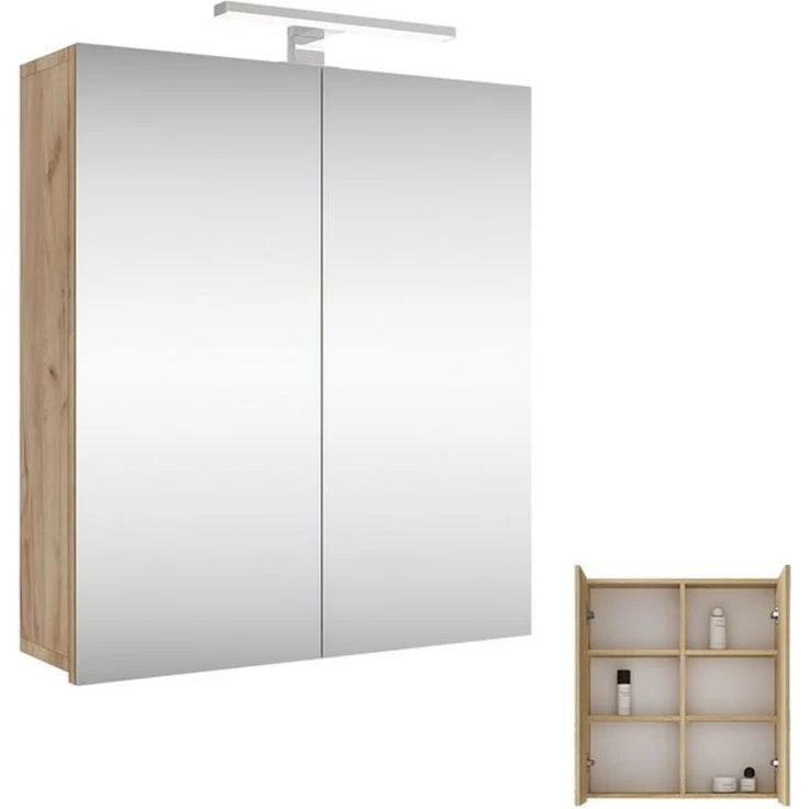 Planetmöbel Badezimmerspiegelschrank Spiegelschrank Merkur (Spiegelschrank Gäste WC 60x67x16 cm, Badschrank hängend mit Spiegel & LED-Leuchte chrom) 60 cm breit, 2 Türen, 6 Fächer – Bild 4