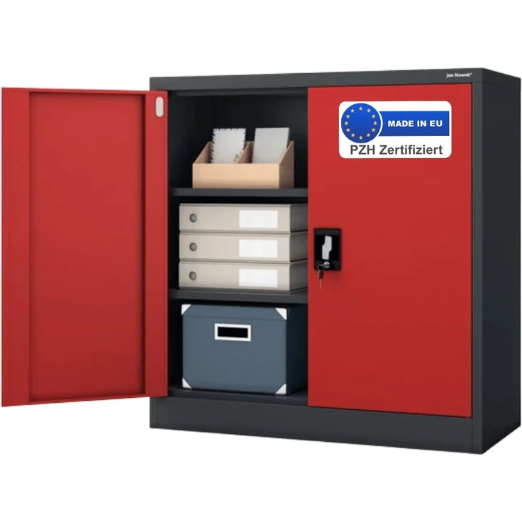 Aktenschrank abschließbar KADO - 3 Ebenen verstellbar, Flügeltüren | Metallschrank Werkstatt Mehrzweckschrank Büroschrank aus Stahl Werkzeugschrank, 93x90x40cm Anthrazit-Rot – Bild 1
