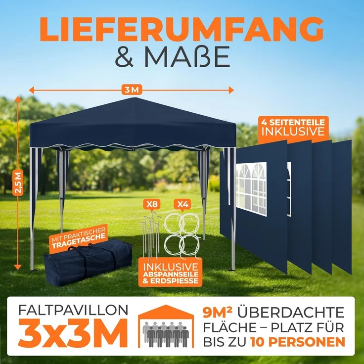 Faltpavillon 3x3 m - wasserdicht - mit 4 Seitenteilen, blau – Bild 2