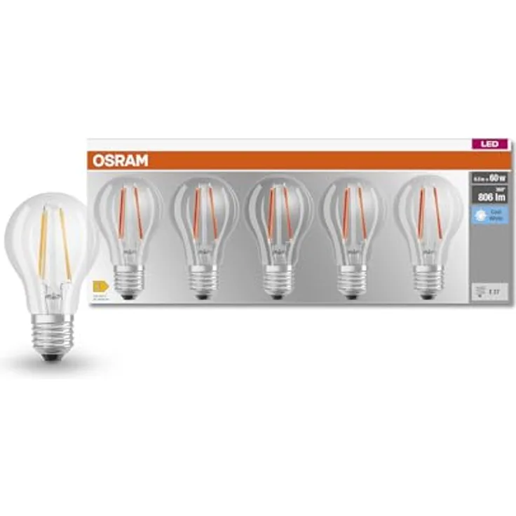 OSRAM LED-Lampe E27, klare Filamentlampe, 7W, 4.000K, 5er Pack