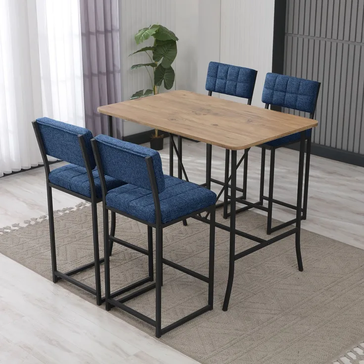 Skye Decor 'Retro - Navy Blue, Walnut' Bartisch-Set mit Barhockern (5-teilig), Marineblau / Walnuss, 110 x 92 x 70 cm