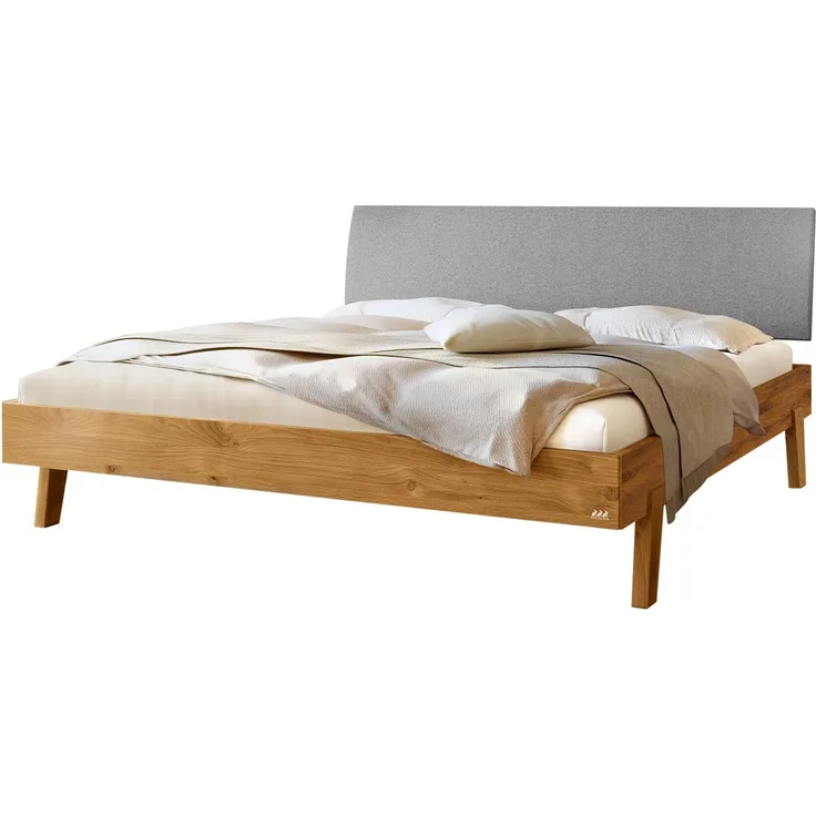 Hasena Massivholzbett Lorenzo Wildeiche mit Polsterkopfteil, Bezug Pace Light Grey 100x210 cm, Komforthöhe 25 cm