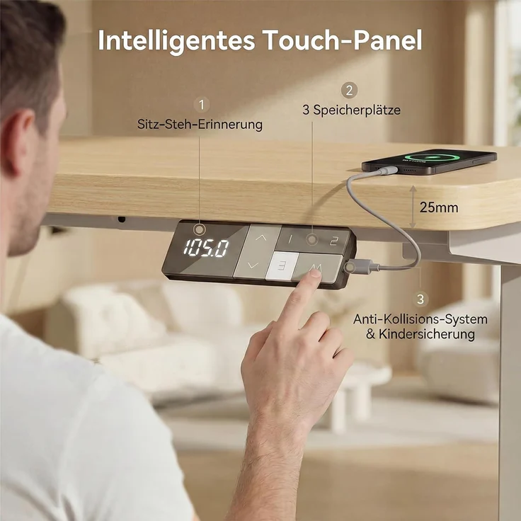 Devoko Höhenverstellbarer Schreibtisch 180x80 cm elektrisch, Höhenverstellung 63-128 cm mit Smart Control, 125 kg Tragkraft, für gesundes Arbeiten – Bild 4