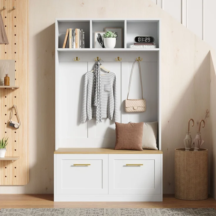 Garderobenset mit Sitzbank, offenem Stauraum und 2 Türen – Kompaktgarderobe mit 4 Haken, in Natur & Weiß, Maße 105 × 40 × 180 cm--Natur + Weiß--105x40x180cm--YOUDENOVA – Bild 4