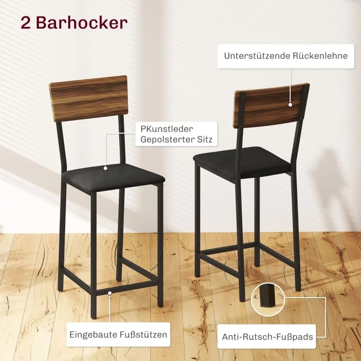 Bartisch mit Barhocker Set, 3-tlg, Bartisch-Set mit Klappbar Küchentisch, Weinglashalter Weinregal Ablage 2 Barstühlen, Stahlrahmen, im Modern, Essgruppe für Esszimmer, Küche, Braun--Braun--140x40x116cm--YOUDENOVA – Bild 5