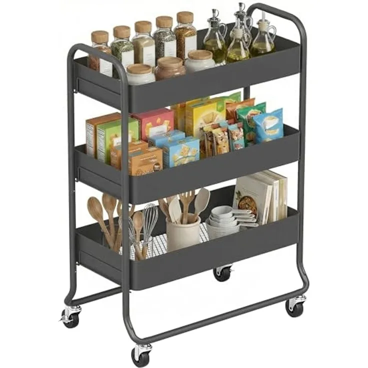 HOMCOM Küchenwagen mit 3 Ebenen, Körbe, Griff, (Servierwagen, 1 St, Rollwagen), für Küche Bad Büro Wohnzimmer Schwarz