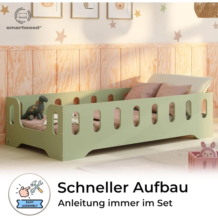 smartwood Kinderbett Bodenbett 80x160 mit Rausfallschutz & Lattenrost - Grün - Kinder Montessori Bett TILA 2B mit glatten Kanten - Betten für schnelle Montage - Bis 230 kg belastbar – Bild 4
