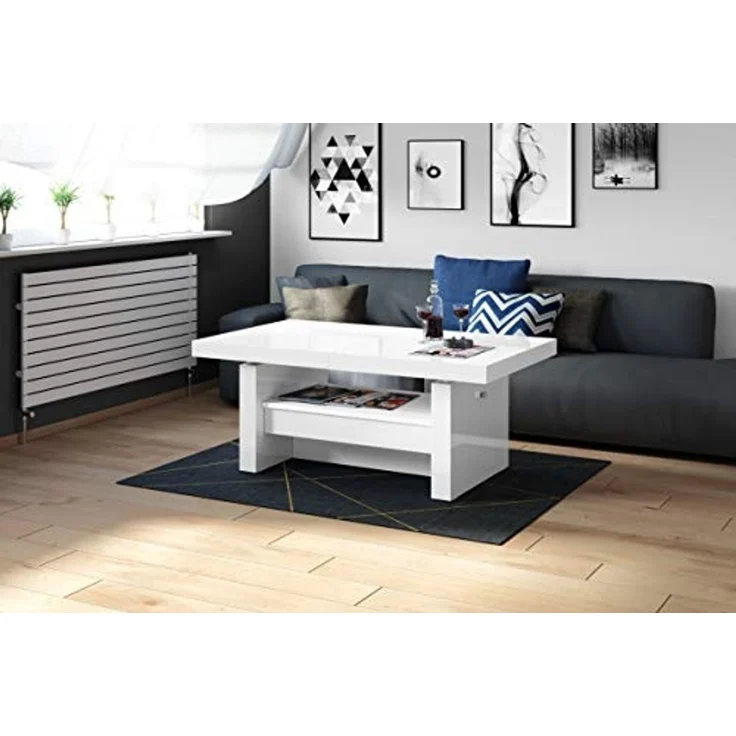 designimpex Couchtisch Aversa H-111 Weiß Hochglanz Schublade höhenverstellbar ausziehbar, Funktionstisch, Wohnzimmertisch, Tisch, Esstisch, Sofatisch, Schublade – Bild 3