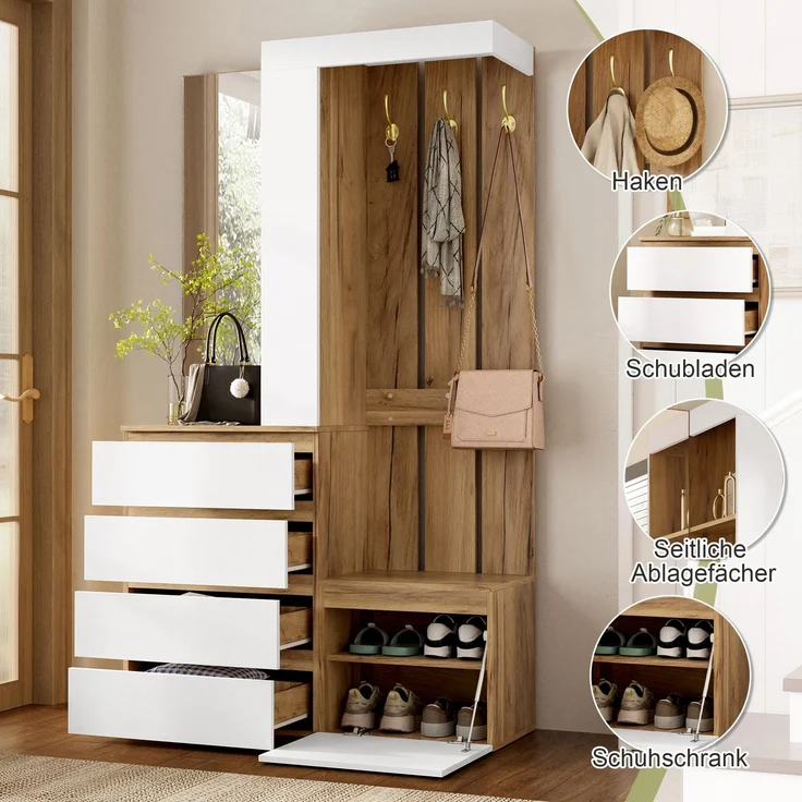 Garderoben-Set 100x35x180 cm mit Spiegel, 4 Schubladen, Tür und Haken – Bild 2