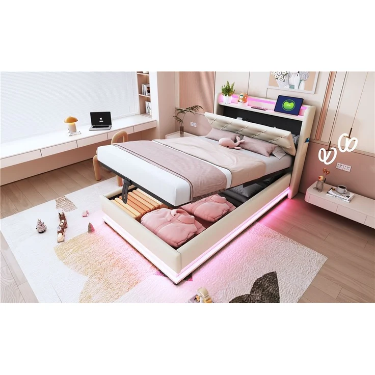 Polsterbett 90x200 cm aus Leinenstoff mit Stauraum und LED-Beleuchtung, ohne Matratze – Bild 4