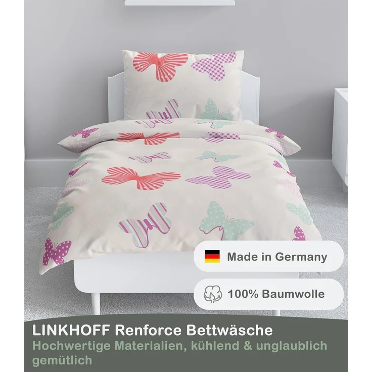 LINKHOFF Kinderbettwäsche Schmetterling Bettwäsche 135x200, 100% Baumwolle Mädchenbettwäsche Schmetterlinge Rosa Butter + Kissen – Bild 3