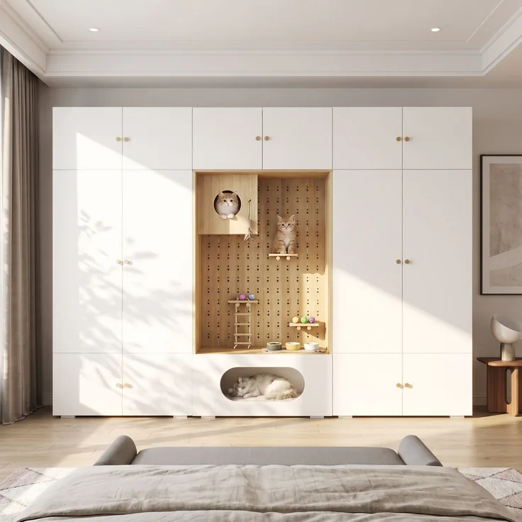 Kleiderschrank, Garderoben-Set Garderobe, Haustierschrank, 270 x 50 x 200 cm, mit 1 Kleiderstange und Katzenkletterwand, für Schlafzimmer, Wohnzimmer und Flur, Weiß+Holzoptik--Weiß, Holz--270x50x200cm--YOUDENOVA