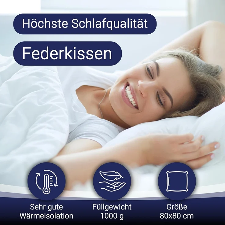 ZOLLNER Kopfkissen, Füllung: 85% Federn, 15% Daunen, Seitenschläfer, waschbar bis 60°C, Trocknergeeignet, 80 x 80 cm, 100% Baumwolle, vom Hotelwäschespezialisten – Bild 3