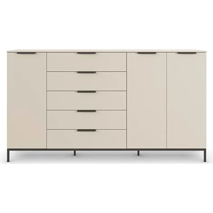 Rauch Möbel Flipp, Nachttisch für Schlafzimmer, Kinderzimmer, Wohnzimmer, Flur, Garderobe, 3-türig, 5 Schubladen, mit Softclose-Funktion, Griffe und Metallkufe Graphit, Farbe Beige, Breite 199 cm – Bild 6