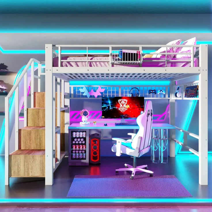 Merax Hochbett, Kinderbett 140×200cm, Jugendbett, mit LED-Lichtleiste, Treppenkonstruktionen mit Stauraum, Ohne Matratze, Weiß