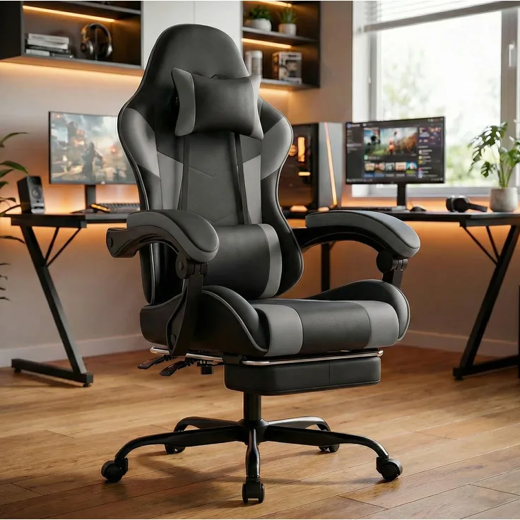 Gamingstuhl 58,5cm×63cm×120,5cm mit Fußstütze und Lendenstütze – schwarz/grau, verstellbar, bis 300 lb