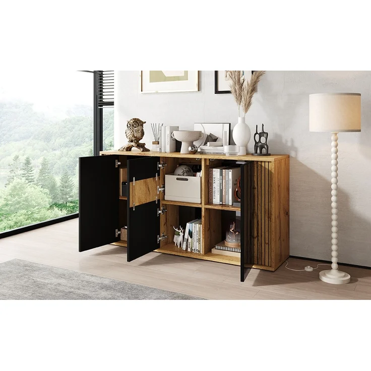 ZUBALIYA Sideboard 140x35x71 cm, mit 3 Türen, aus MDF / Spanplatte, Schwarz / Natur – Bild 14