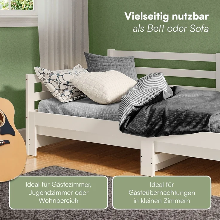 Bellamio 'Ayr' Tagesbett inkl. Lattenrost, 90x200/180x200 cm, Massivholz Kiefer, weiß, mit ausziehbarem Gästebett – Bild 5