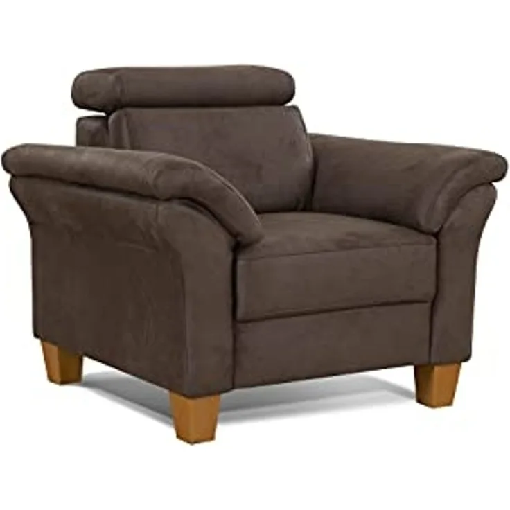 Cavadore Sessel Ammerland / Polstersessel im Landhausstil mit Federkern + verstellbarer Kopfstütze / 101 x 84 x 93 / Wildlederoptik, Braun