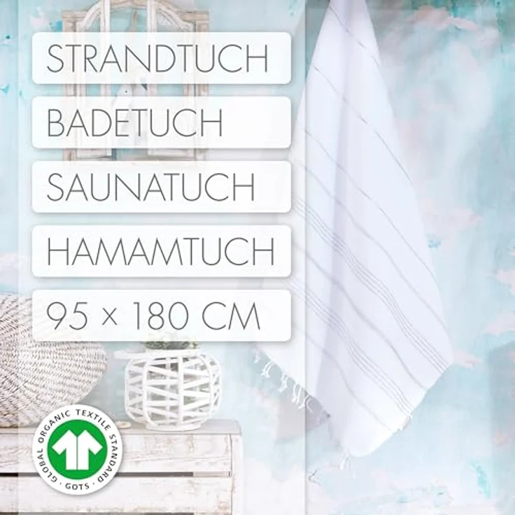 LeStoff Hamamtuch 100% Bio-Baumwolle, 95 x 180 cm, weiß-silber, schnelltrocknend, saugstark, vielseitig, GOTS-zertifiziert – Bild 2