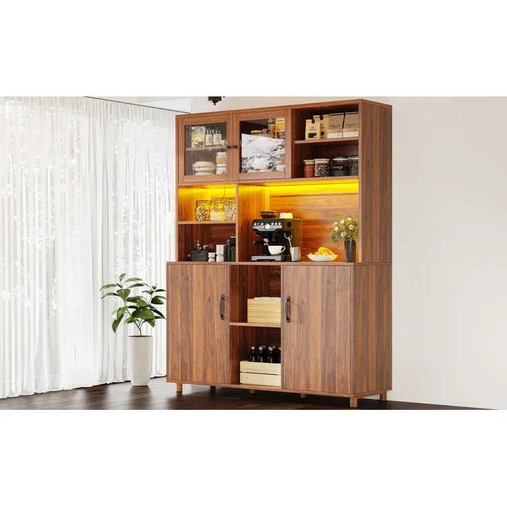 Hochschränke fürs Wohnzimmer(140×40×185cm), Küchenschrank,Esszimmerschrank,Schränke mit LED-Beleuchtung, Schranktür mit Snackablage,Retro-Stil, Walnussfarbe--Walnussbraun--140x40x185cm--YOUDENOVA – Bild 5